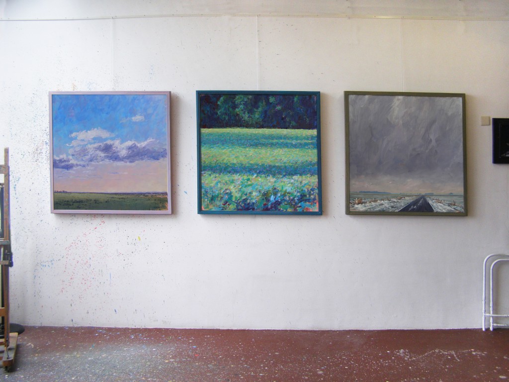  'Natuurgebied' 2012, acryl 100 x 100 cm.  'Bosrand V(schaduwen)' 2010, acryl 100 x 100 cm,  'Winterweg' 2013 olieverf 100 x 100 cm